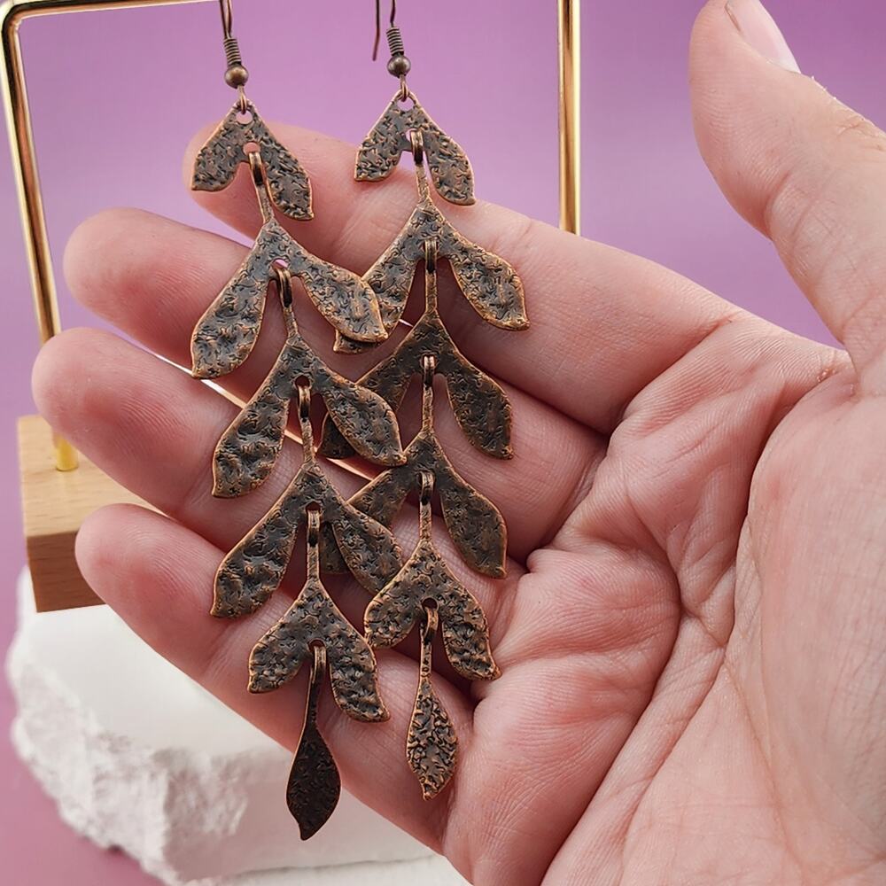 Copper Tone Textured Leaf Branch Dangle Earrings Long Boho Statement Pair